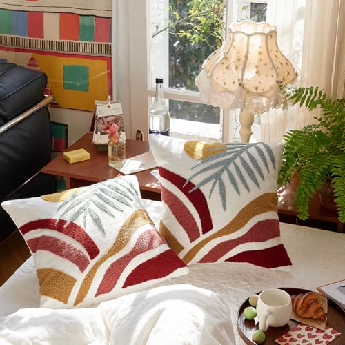 Boho Tufted Textured Village Throw Pillow Covers 18x18,Soft Cactus Mid Century Accent Decorative Minimalist Geometric Sun Throw Pillowcases for Couch Sofa Bedroom Living Room,1PC - color: Green,yellow