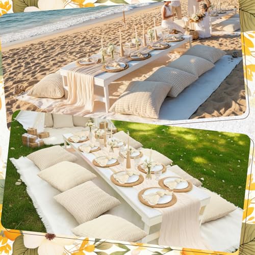 Beeveer 91 x 71 Extra Large Outdoor Boho Picnic Blanket with White Table Runner, 6 Throw Pillow Covers 6 Napkins Woven Cotton Yarn Oversize Beach Blanket Washable Picnic Camp Wedding - color: White