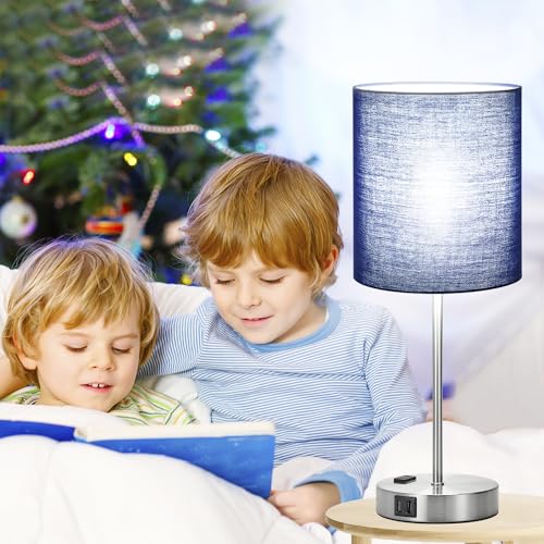 Set of 2 Touch Control Table Lamps with 2 USB & AC Outlet, 3-Way Dimmable Bedside Nightstand Lamps for Bedroom Living Room Nursery, 800 Lumens 5000K Daylight Bulbs Included - color: (2 Pack)Navy & Brushed Nickel(Base)-5000K Bulbs Included