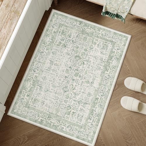 PureCozy Sage Green Area Rug 2x3 Washable Vintage Distressed Entryway Carpet Non Slip Neutral Door Mat Low Pile Retro Floral Farmhouse Accent Throw Small Rug for Bathroom Laundry Kitchen Dining Room - color: Accent Sage Green, size: 2' x 3' (Rectangular)