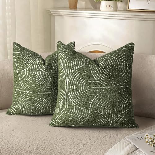 AELS Boho Decorative Textured Throw Pillow Covers 16x16, Modern Mid Century Rainbow Tufted Pillow Case, Farmhouse Rustic Geometric Woven Cushion Case for Bed Couch Sofa, Olive Green - color: Olive Green, size: 16" x 16" (Pack of 2)