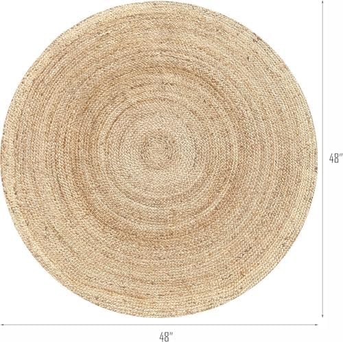 Jute Braided Area Rug, 4 feet Round Jute Braided Rug, Stain Resistan Natural Handmade Circle Boho Area Rug for Entryways, Living Room, Bedroom, Farmhouse Vintage Decor, Reversible Rug