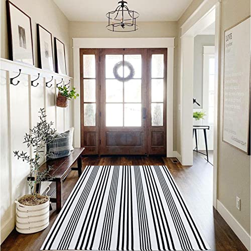 Black and White Striped Outdoor Rug Front Porch Rug 35.4''x59'' Cotton Hand-Woven Welcome Mats Layered Door Mats for Front Porch/Entryway/Laundry Room/Bedroom/Outdoor (35.4''x59'') - color: Black&white Stripe S, size: 3' x 5' (Rectangular)