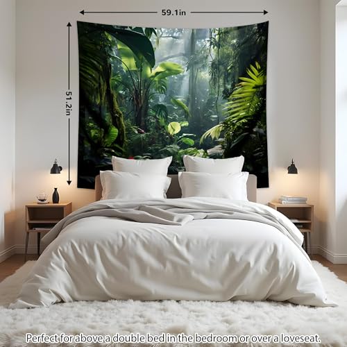 QGHOT Jungle Tapestry Wall Hanging Tropical Rainforest Backdrop Green Palm Leaves Tapestry Extra Large Forest Wall Art for Bedroom Living Room Office Deco 51.2" L x 59.1" W - size: 51.2"L x 59.1"W