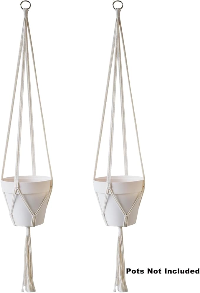 2 Pack Macrame Plant Hanger 47 Inches,Indoor Plant Hanger with Tassel for Boho Home Decor, Hanging Plant Holder with 2 Hooks (Ivory)