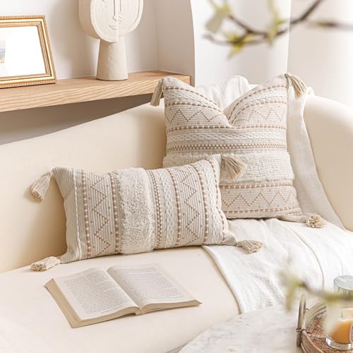 BlissBlush 12x20 Lumbar Pillow Cover, Cream Neutral Beige Rectangular Decorative Cushion Cover, Boho Accent Pillowcase with Tufted Details and Tassels for Couch Sofa Living Room (Cover Only) - color: Beige, size: 20" x 12" (Pack of 1)