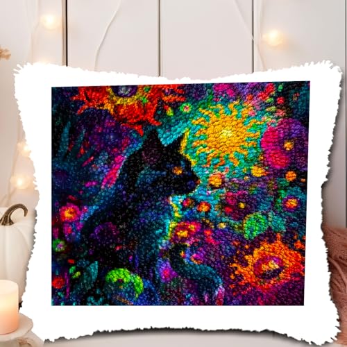 A Black Cat in Abstract Flowers DIY Latch Hook Pillow Kits for Adults Printed Pillowcase Crochet Yarns Hooking Handmade Pillow Cover Cushion for Home Sofa Decoration 17x17inch - color: 02-Black Cat