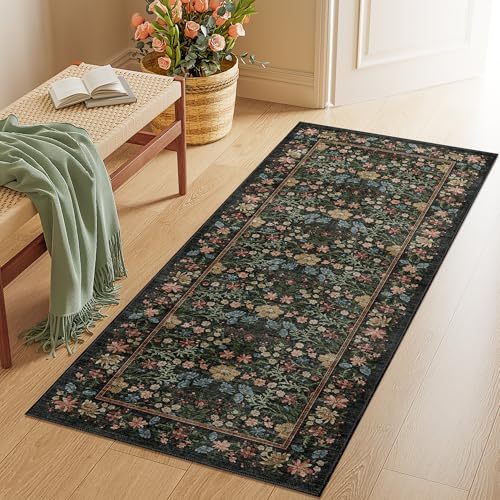 DUKINO 2x5 Washable Runner Rug, Floral Non Slip Bathroom Rugs with Soft Low Pile Design, Lightweight Non-Shedding Carpet Runner for Bathroom, Kitchen, Hallway, Bedroom, Laundry, Black - color: Black, size: 2' x 5' (Rectangular)