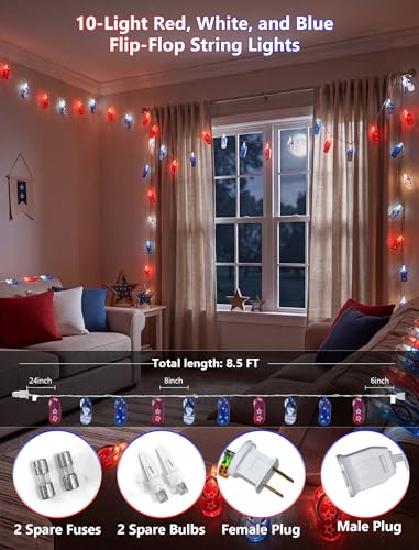 8.5Ft LED Tropical Beach Flip Flop String Lights, 4th of July American Flag Slipper Lights Plug in with 10 Bulbs, Independence Day Decoration Lights for Patriotic Party Festival National Day, White - color: Red White Blue Slipper