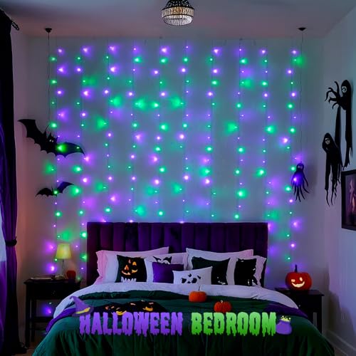 JMEXSUSS 300LED Halloween Curtain Lights with Remote, 9.8x9.8ft Halloween Lights Plug in, Christmas Twinkle Hanging String Light for Bedroom Wall Window Backdrop Indoor Outdoor Decor, Purple and Green - color: Purple ann Green, size: 300 LED