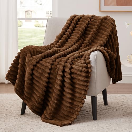 EXQ Home Fleece Throw Blanket for Couch or Bed - 3D Stripe Jacquard Decorative Blankets - 280GSM Cozy Soft Lightweight Fuzzy Flannel Blanket Suitable for All Seasons(50"×60",Brown) - color: Brown, size: Throw