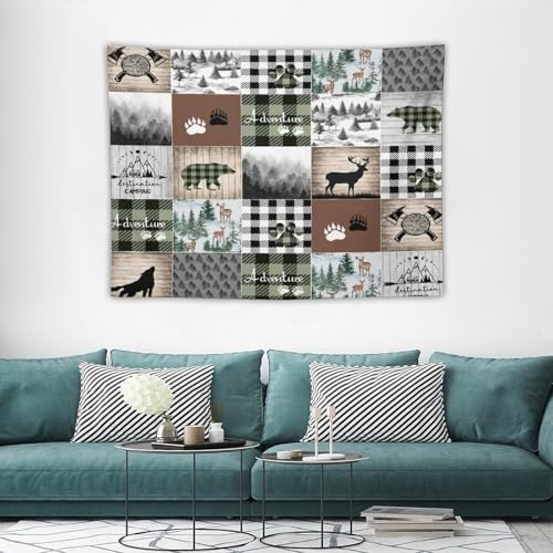 ZhiRain Deer Bear Wolf Tapestry Wall Hanging Wild Animals Hunting Adventure Geometric Plaids Pines Rustic Retro Tapestries Home Decor for Living Room Bedroom Farmhouse Apartment 30"x40" - color: Cabin-14, size: 30"L x 40"W