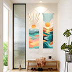 seewan 2 Pack Long Vertical Wall Tapestry, Boho Nature Landscape & Floral Aesthetic Wall Hanging for Bedroom Living Room Home Decor, Long Narrow Art Tapestry with Sunrise Mountain Botanical Designs, 13" × 51" (Geometric Sunset Waves, 13"Wx51"H, Unframed)
