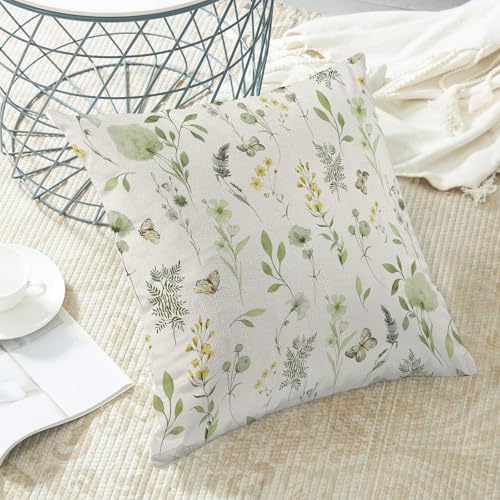 AEIOAE Spring Pillow Covers 16x16 Inch Set of 2, Sage Green Yellow Wild Flower Throw Pillows Case,Colorful Seasonal Floral Plant Outdoor Decorative Farmhouse Decor Cushion Covers for Sofa Bed Couch - color: Sage Green Yellow Flowers, size: 16" x 16" (Pack
