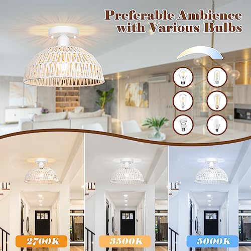 Rattan Ceiling Light Fixtures 2 Packs-White Rustic Woven Basket Flush Mount Ceiling Light, Handmade Wicker Ceiling Lamp, Rattan Chandelier For Kitchen Island, Hallway, Living Room, Bedroom, E26 Base - color: White