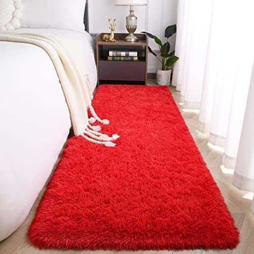 Jelymark Super Soft Shaggy Rug for Bedroom, 2x6 Feet Fluffy Carpet for Living Room, Fuzzy Indoor Plush Area Rug for Home Decor, Furry Floor Rugs for Dorm, Kids Nursery Rug for Girls, Red - color: Red, size: 2' x 6' (Rectangular)