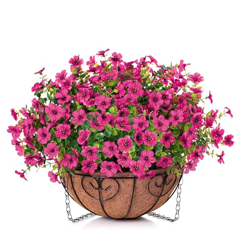 HyeFlora Artificial Fake Hanging Plants Flowers Basket for Outdoor Outside Porch Summer Decoration, Faux Silk Hotpink Dasiy UV Resistant Realistic in Planter for Home Patio Garden Yard - color: Rose Red