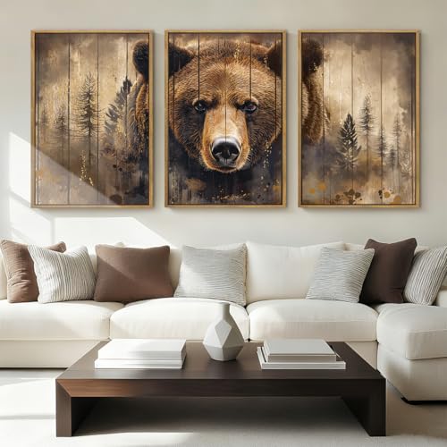 ANHUIB Brown Bear Wall Art 16x24 Inch Forest Paintings Rustic Wildlife Wall Decor Set of 3 for Living Room Bedroom Dining Room - color: Brown Bear, size: 24"L x 16"W