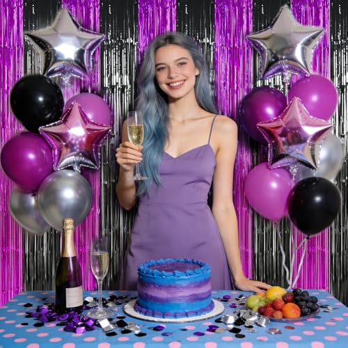TONIFUL Black Hot Pink Door Streamers,Black and Pink Photo Booth Backdrop Metallic Streamers Foil Fringe Curtain for Birthday,New Year,Graduation,Grad,Baby Shower Party Streamers Decoration - color: Black Rose Red