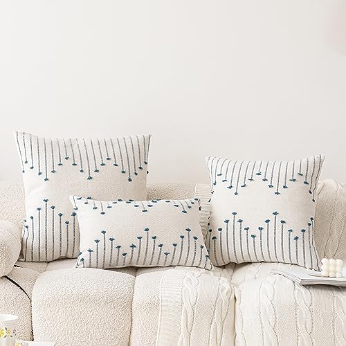 LILEPOY Boho Throw Pillow Covers 20x20 Set of 2 Neutral Decorative Textured Cushion Case Farmhouse Pillowcase Modern Square Pillow Covers for Sofa,Couch, Living Room,Beige and Blue - color: Beige and Blue, size: 20" x 20" (Pack of 2)