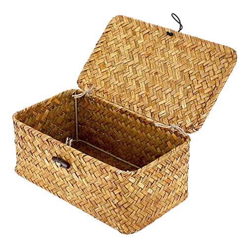 Hipiwe Wicker Shelf Baskets Bin with Lid, Handwoven Seagrass Basket Storage Bins Rectangular Household Basket Boxes for Shelf Wardrobe Home Organizer, Caramel X-Small - color: Caramel, size: X-Small