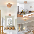 Boho Light Fixtures 2-Tier Rattan Ceiling Light Handwoven Drum Lamp Shade Flush Mount Ceiling Light Wooden Canopy Small Chandelier for Hallway Entryway Bedroom Kitchen Nursery Lights - color: 2-tone