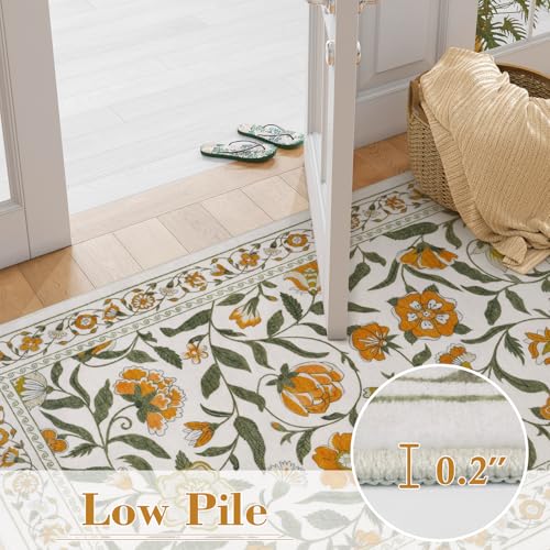 Collive Washable Kitchen Rugs, Spring Floral 2 x 3 Small Entryway Rug Modern Soft Bedroom Carpets, Yellow Vintage Boho Throw Mats Non Slip Stain Resistant Bathroom Carpet for Door Mat, Kids Room - color: Yellow, size: 2' x 3'