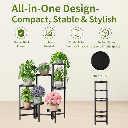 7 Tiers Plant Stand Indoor for Multiple Large Planter, Tall Tiered Folding Plant Rack Outdoor with Rustproof 10 Inch Wide Tray, Plant Shelf for Corner Living Room - BlackDisk - color: BlackDisk, size: 7-tiers