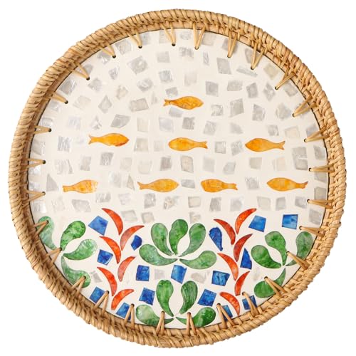 Round Rattan Tray with Mother of Pearl Inlay, Decorative Wicker Serving Tray with Wooden Base, Woven Basket Trays for Bread Fruits Coffee - color: Seabed