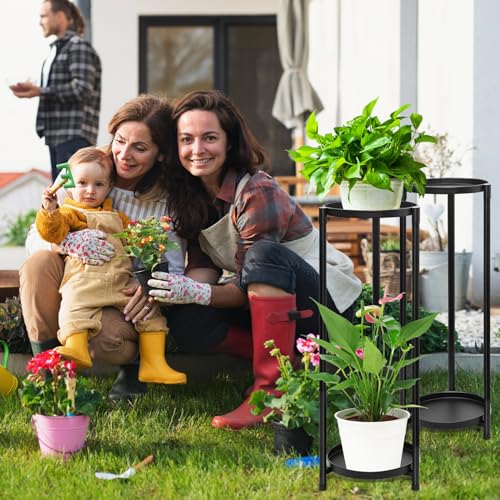 2 Tier Round Tall Metal Plant Stand indoor outdoor, Rustproof Round Planter Display Storage Rack, Heavy Duty Potted Holder for Home Garden Patio Bathroom Living Room(Black) - color: 2 Tier Black