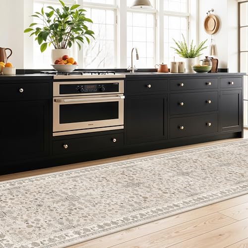 3x12 ft Long Kitchen Runner Rug - Non-Slip Washable Hallway Rug with Rubber Backing,Boho Floral Soft Low Pile Floor Carpet Runner for Entryway,Bedroom,Living Room（Beige,3x12） - color: Beige, size: 3' x 12' (Rectangular)