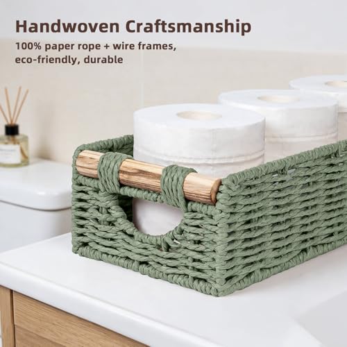 CubesLand Back of Toilet Storage Basket for Organizing w/Cut Out Handle, Handwoven Toilet Tank Top Paper Baskets, Wicker Decorative Basket for Countertop, Home Decor, Living Room, Nursery, Green - color: Green, size: M-14.17" (L) X 6.29" (W) X 3.54" (H)