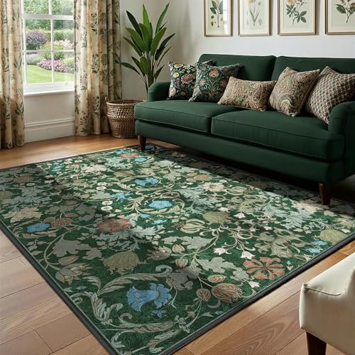 Deerly Forest Green Washable Floral Area Rug 4x6 for Living Room, Vintage Farmhouse Botanical Rug, Non Slip Low Pile Thin Floor Decorative Soft Accent Rug for Bedroom Playroom Home Office - color: Green, size: 4'x6'