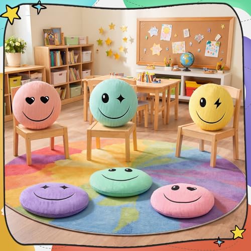Yousoontic 6pcs Pastel Face Classroom Floor Pillows Preppy Throw Pillow Cushions Seating Floor Cushions for School Learning Play Area Supplies Classroom Decor - style: Pastel Face