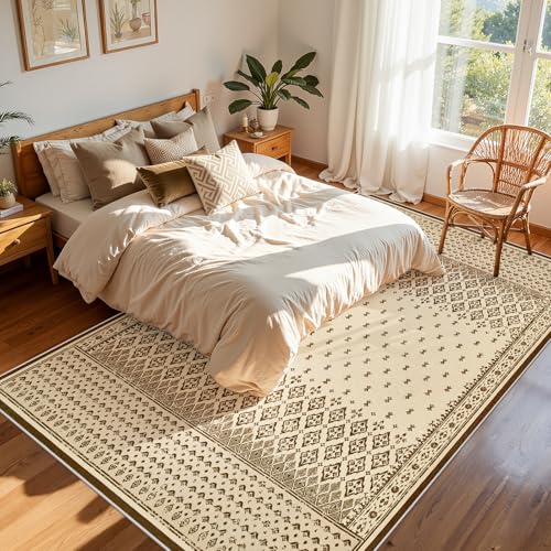 Joydeco Vintage Washable 6x9 Area Rug for Bedroom, Large Rugs for Living Room Non Slip, Neutral Boho Geometric Ultra-Thin Soft Indoor Floor Throw Carpet for Home Office Farmhouse, Beige - color: Beige, size: 6' x 8'11" (Rectangular)