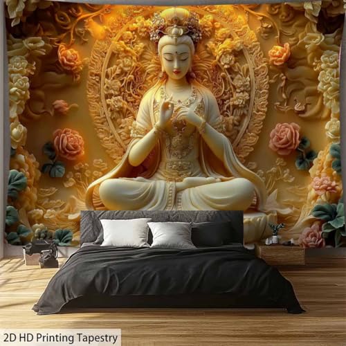 FENDROM Sitting White Buddha Tapestry Wall Hanging Buddhist Statue With Flower Meditation Wall Decor Zen Art Psychedelic Indian Wall Blanket for Bedroom Living Room Home Decor - color: White, size: 59"L x 39"W
