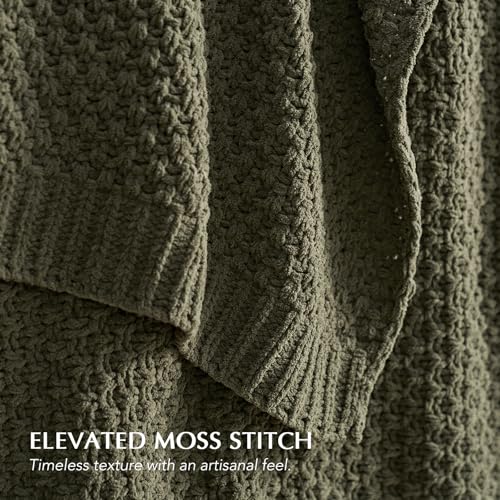 EVERGRACEHOME Chunky Chenille Knit Throw Blanket for Couch, Soft Luxurious Oversized Queen Moss Stitch Blanket for Bed, Cozy Farmhouse Knitted Throw for Sofa, Olive Green, 90" x 90" - color: Olive Green, size: 90" X 90"