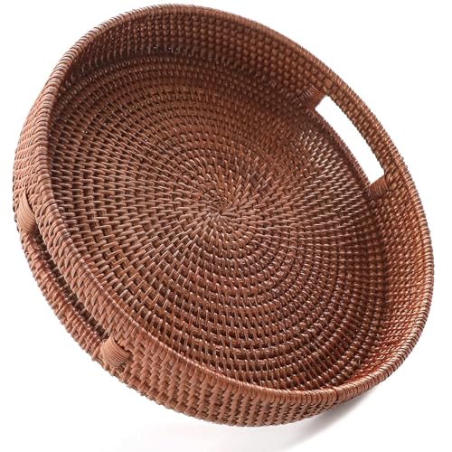 HITOMEN 11.8" Hand-Woven Round Rattan Serving Tray Decorative Wicker Trays with Handles for Coffee Table (Brown-M) - color: Brown, size: Medium (11.8 inches)