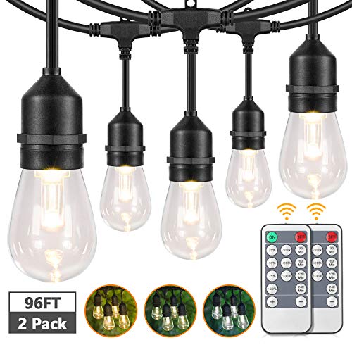 Lakumu 2-Pack 3 Color Dimmable LED Outdoor String Lights for Patio with Remotes, 96FT Waterproof Hanging Lights with Shatterproof Edison Bulbs for Bistro Backyard-Warm White/Neutral White/Daylight - color: Black-2700K/4000K/5000K, size: 96FT(48FT*2)