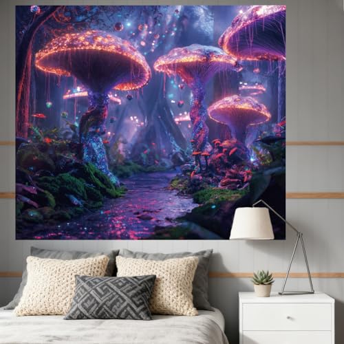 CRAFTYMELODY Mushroom Blacklight Tapestry Glow in the Dark Tapestry UV Reactive Neon Mushroom Forest Wall Hanging 59×51 Inch with Hook Self Adhesive Sticker Clip for Bedroom Home Wall Decoration - color: Mushroom