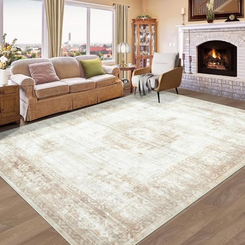 Aoyaomi Vintage Living Room Area Rug - 6x9 Large Machine Washable Boho Moroccan Distressed Farmhouse Rugs for Bedroom - Soft Non-Slip Indoor Floor Accent Rugs for Office Dining Room (Beige, 6' x 9') - color: Beige, size: 6' X 9' (Rectangular)