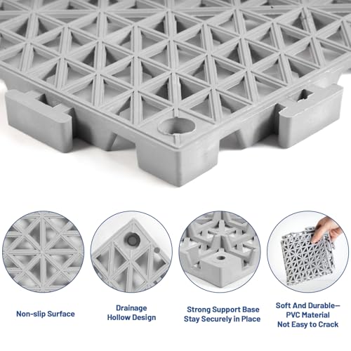 12PCS Drainage Interlocking Floor Tiles 11.8" x 11.8", Modular Interlocking Cushion Soft PVC Floor Non-Slip Splicing Waterproof Mat for Pool, Shower, Patio, Balcony, Bathroom, Kitchen, Yard（Grey） - size: Grey--12x12inch