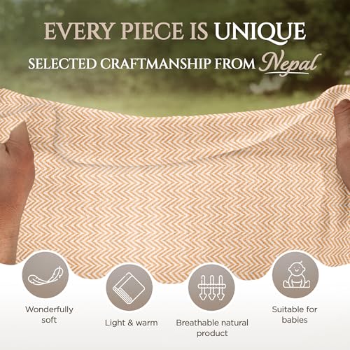Cashmere Blanket – Hand Woven 100% Pure Wool Throw Blanket, 135 x 270 cm – Herringbone Pattern Cozy, and Soft Blanket for Bed, Sofa, or Couch - Made in Nepal - color: Brown