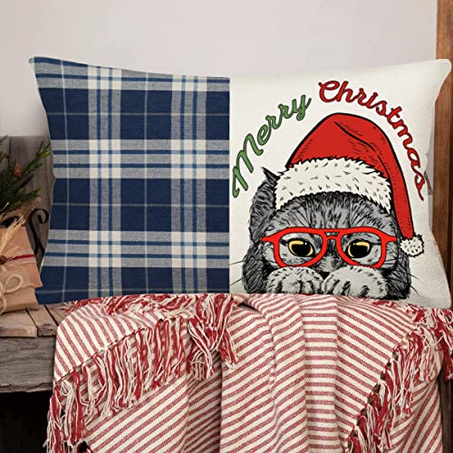 Merry Christmas Cat Throw Waist Pillow Cases 12x20 Inch Navy Buffalo Plaids with Xmas Animal Cats Wearing Red Santa Hat Glasses Covers Cotton Linen Pillowcases, (E-450) - color: Xmas Cat