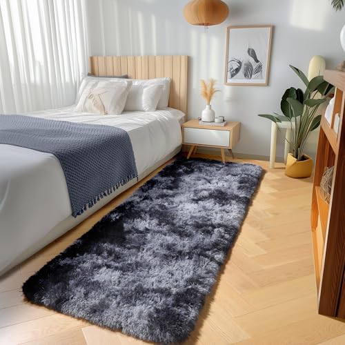 ONASAR Runner Rugs for Bedroom Living Room, Fluffy Tie-Dyed Dark Grey 2x6 Bedside Hallway Area Rug, Ultra Soft Plush Furry Faux Fur Non Slip Floor Carpet for Nursery Kids Dorm Closet Home Decor - color: Tie-dyed Dark Grey, size: 2' x 6' (Runner)