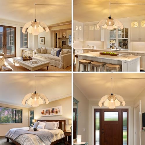 20 Inch Boho Flower Chandeliers for Dining Room Farmhouse Rattan Pendant Lights Girl Chandelier Hand Woven Bedroom Light Fixture Dimmable Plug in Hanging Lamp for Kitchen Island - size: 20 Inch Plug In