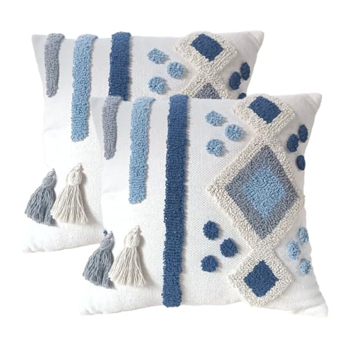 Andreannie Pack of 2 Boho Tufting Throw Pillow Cover Embroidered Textured Cushion Cover with Tassels Soft Home Decororative for Couch Sofa 18x18 inch (Boho Blue) - color: Boho Blue
