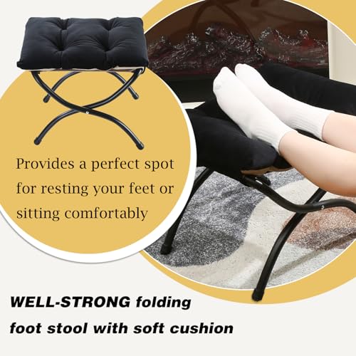15" Foldable Foot Stool Ottoman with Metal Frame - Washable Black Upholstered Indoor/Outdoor Footrest for Living Room, Bedroom, Patio - Space-Saving Compact Design - color: Black