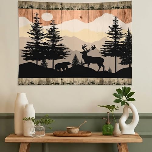 ZhiRain Farmhouse Forest Cabin Deer Tapestry Wall Hanging Rustic Wooden Tree Country Deer Bear Tapestries Home Decor for Living Room Bedroom Apartment Dorm 30"x40" - color: Cabin-16, size: 30"L x 40"W