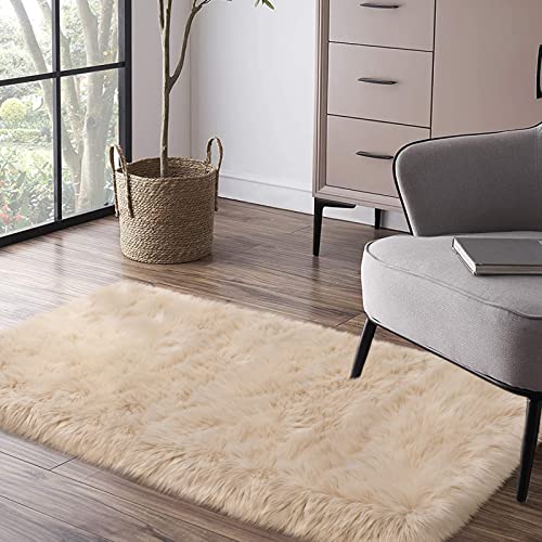 Faux Fur Rug, Beige Small Fluffy Rug for Sofa Chair Couch Cover 2x4 Feet, Ultra Soft Fuzzy Shag Rug for Bedroom, Indoor Shaggy Plush Floor Carpets Luxury Home Decor for Bedside - color: Beige, size: 4' x 2' (Rectangular)